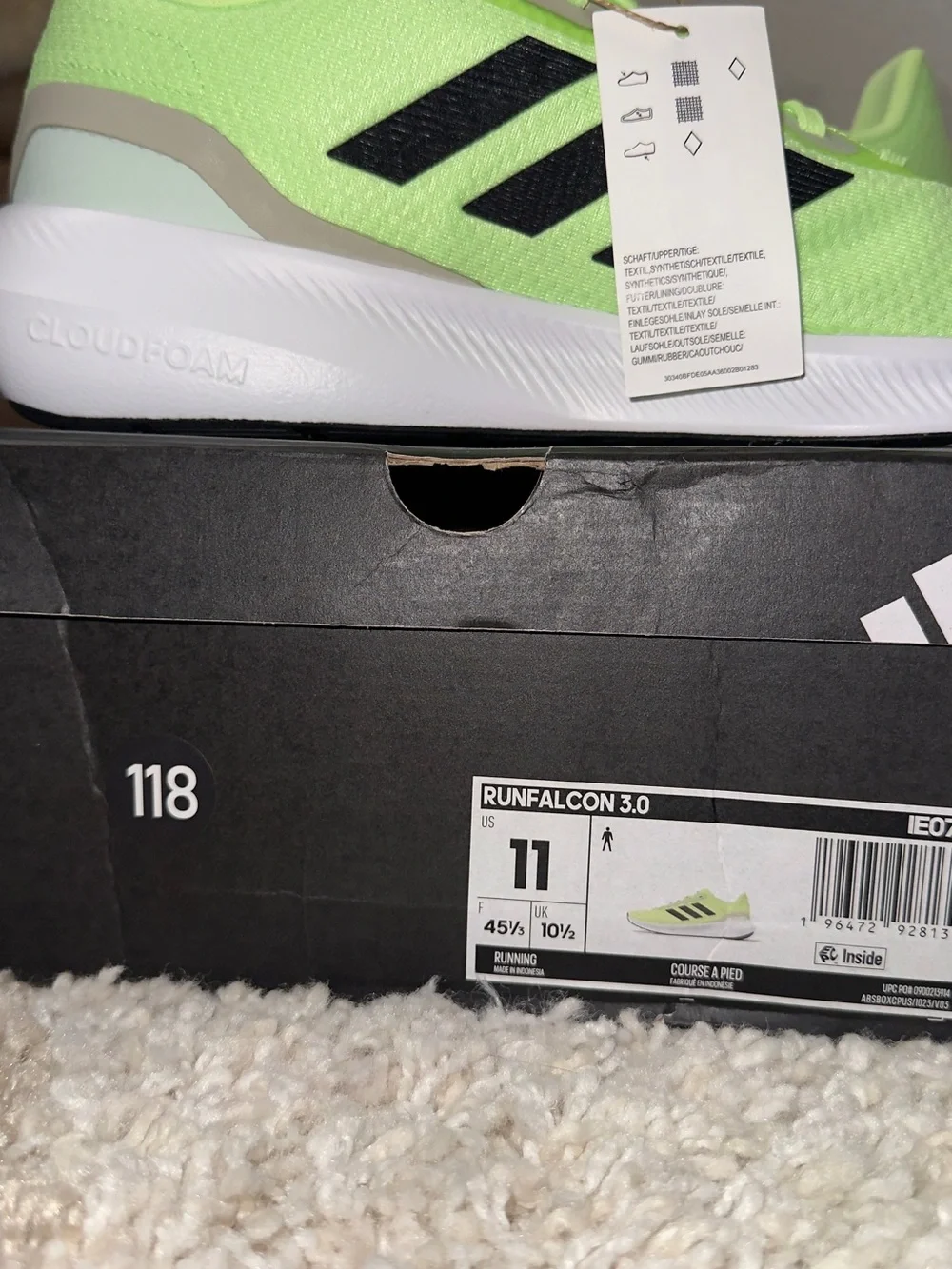 adidas Runfalcon 3.0 Neon Lime/Black Shoe Box Label